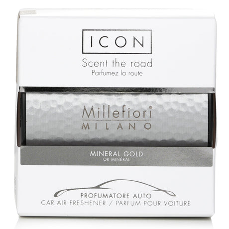 Millefiori Icon Metal Car Air Freshener in Mineral Gold, elegant design with a long-lasting fragrance for a serene driving experience.