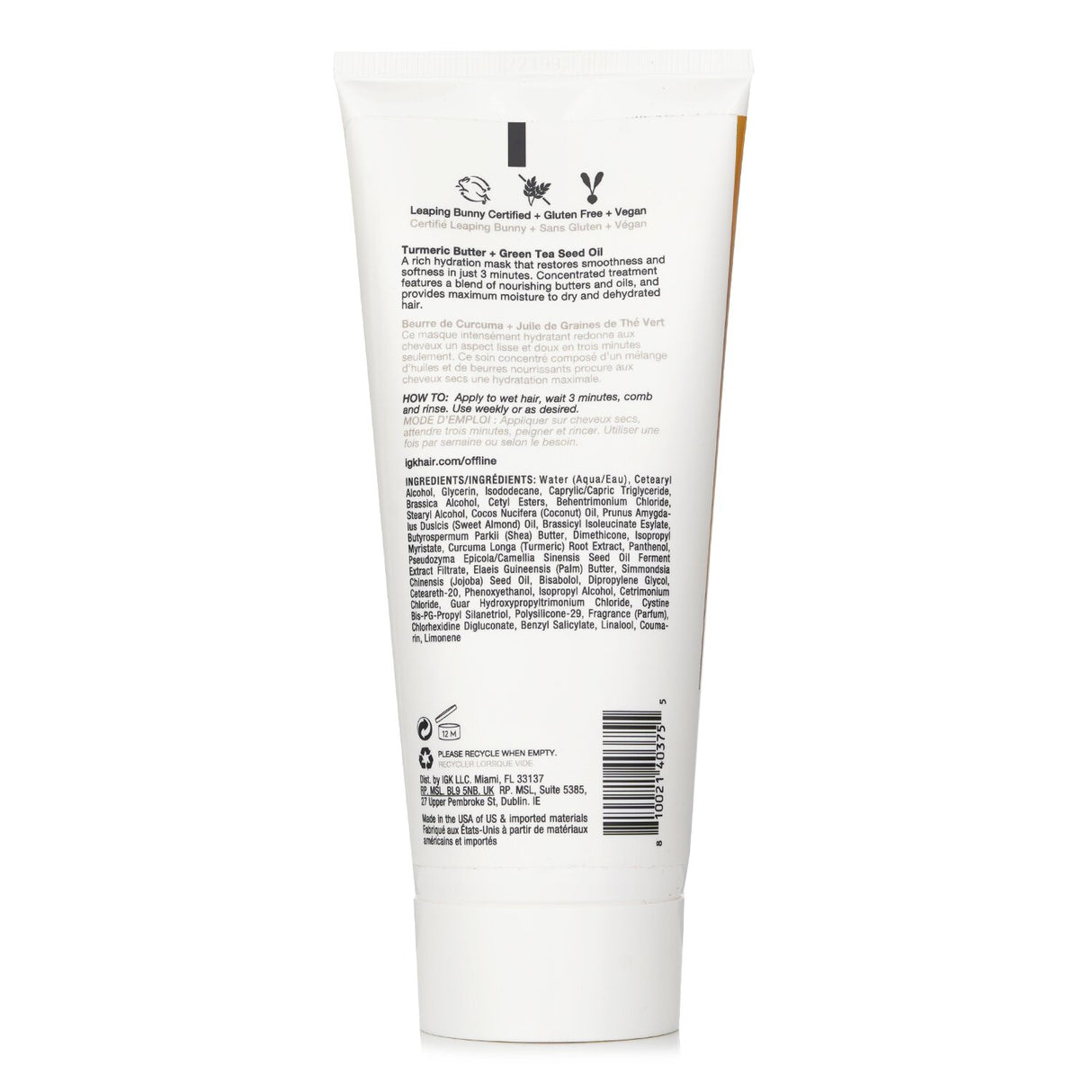 IGK Offline 3-Minute Hydration Hair Mask in a 198ml jar, deeply conditions and hydrates for revitalized, shiny hair.