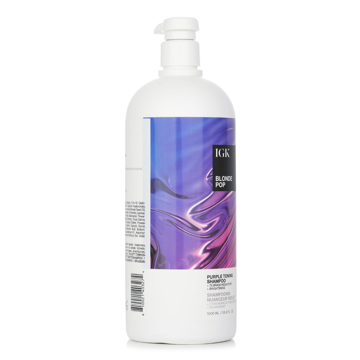 Purple toning shampoo for blonde hair, enhances vibrancy, conditions with squalene and purple rice, vegan and gluten-free.