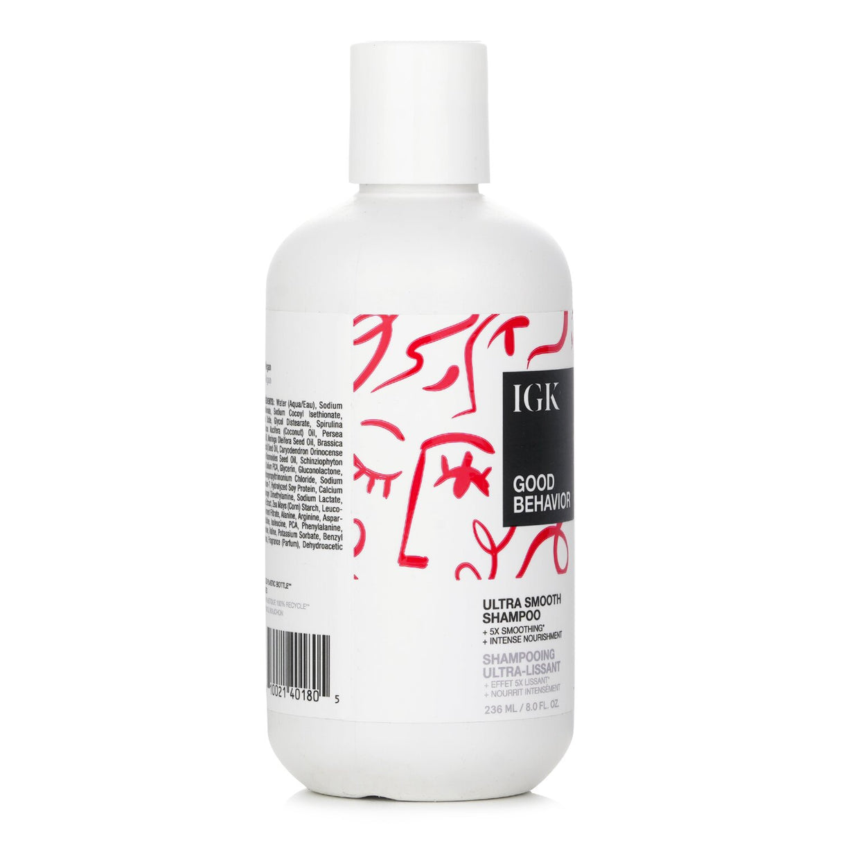 Bottle of IGK Good Behavior Ultra Smooth Shampoo with 7 smoothing oils, designed for frizz-free, shiny hair care.