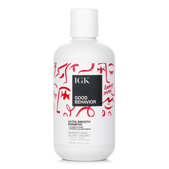 Luxurious IGK Ultra Smooth Shampoo with 7 oils for frizz-free, nourished hair; suitable for all hair types, vegan, and color safe.