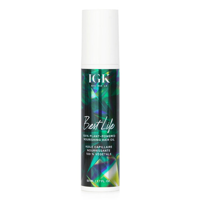 IGK Best Life Nourishing Hair Oil in a 50ml bottle; a plant-based formula for hydration, shine, and protecting all hair types.