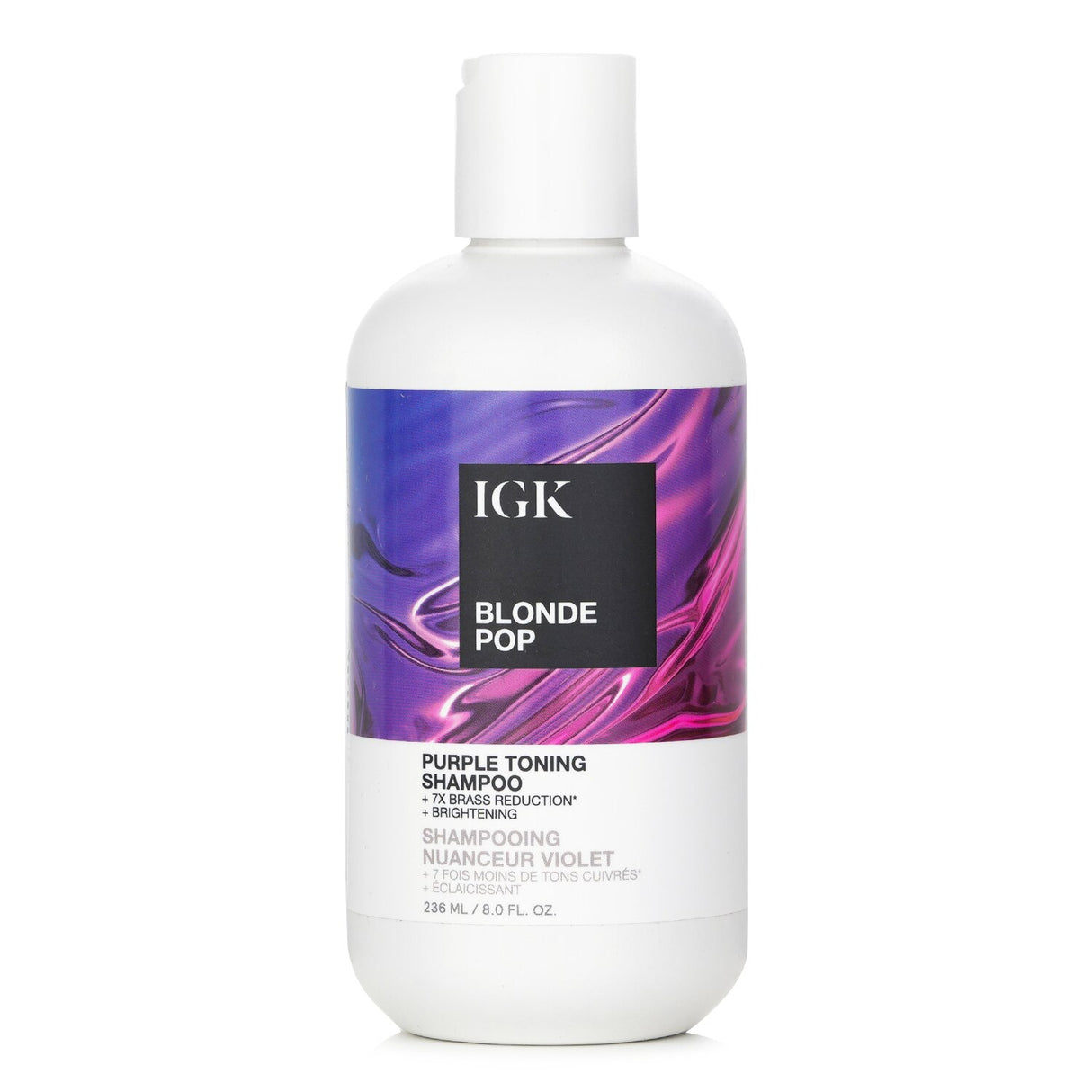 Purple toning shampoo designed to neutralize brassiness and enhance the vibrancy of blonde hair while providing moisture and shine.