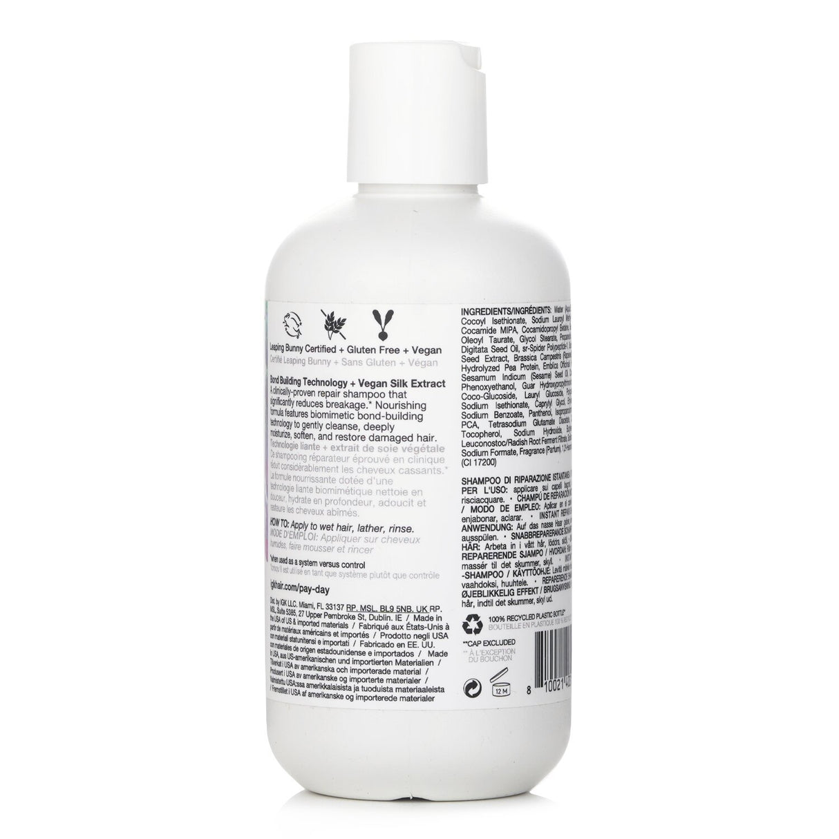 Bottle of IGK Pay Day Instant Repair Shampoo, 236ml, designed to restore damaged hair with vegan silk and baobab oil.