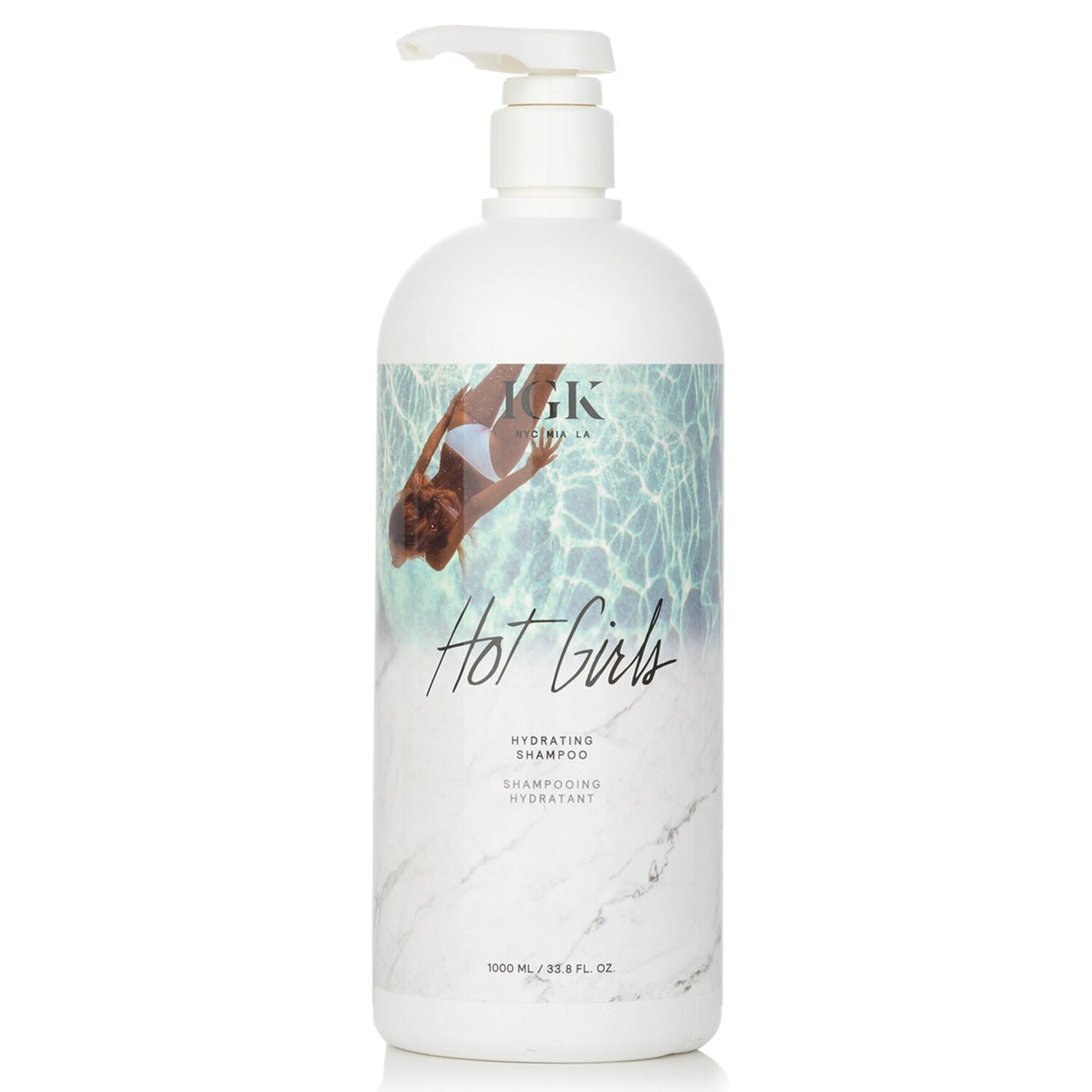 IGK Hot Girls Hydrating Shampoo in 1000ml bottle, revives dry hair with litchi extract, Vitamin E, and sunflower for deep hydration.