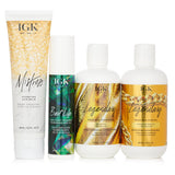 IGK hair care set with shampoo, conditioner, hair balm, and oil for vibrant, healthy hair in original packaging.