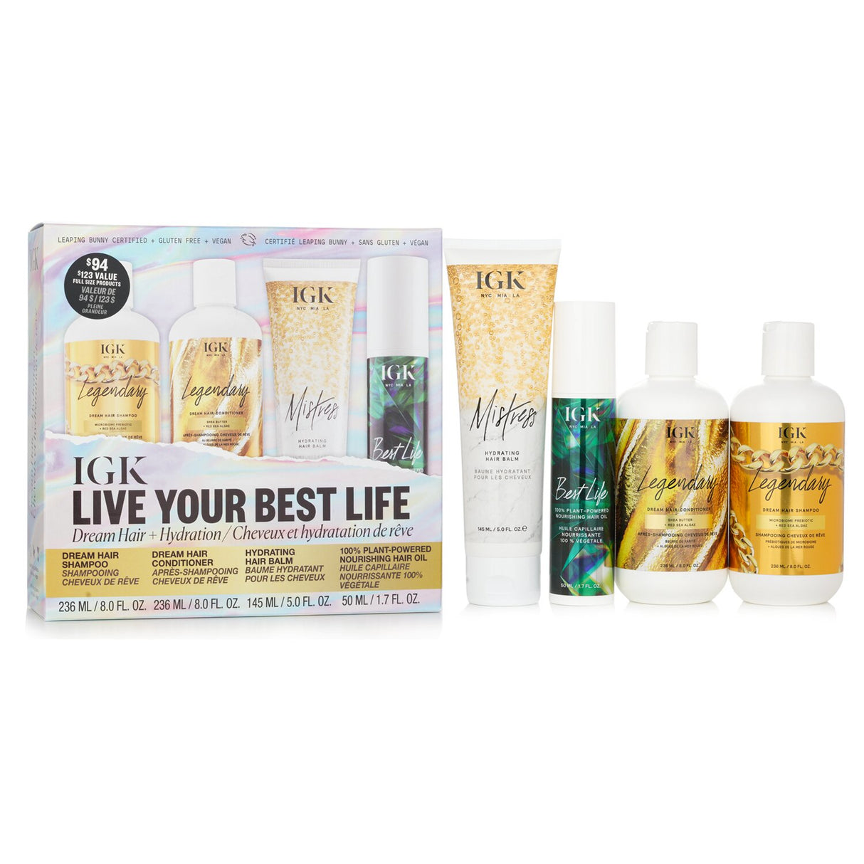 Set of IGK Live Your Best Life hair care products: shampoo, conditioner, hair balm, and oil for vibrant, healthy hair.