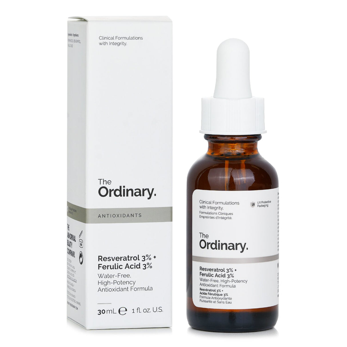 Vegan facial serum featuring 3% Resveratrol and Ferulic Acid, targeting aging and promoting smoother, brighter skin.