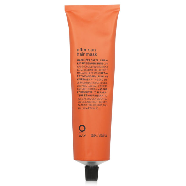 Nourishing Oway After Sun Hair Mask revitalizes sun-damaged hair with a citrus-woodsy scent for sleek, healthy locks.