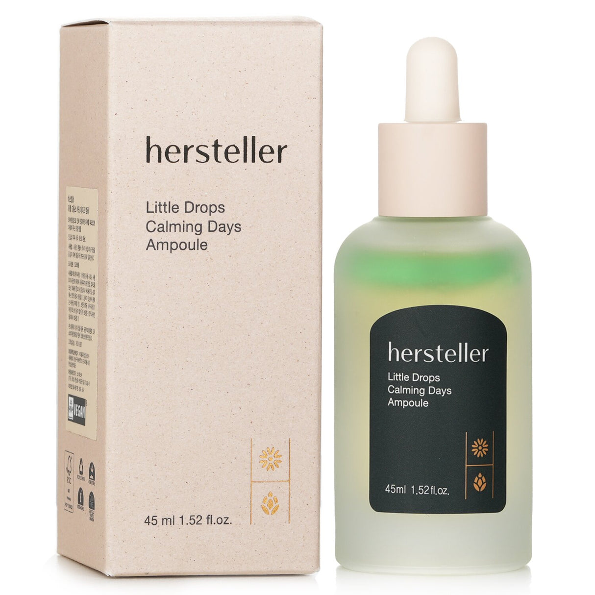 Vegan calming ampoule with 74% calendula extract, jojoba, and turmeric for soothing sensitive skin, 45ml bottle.