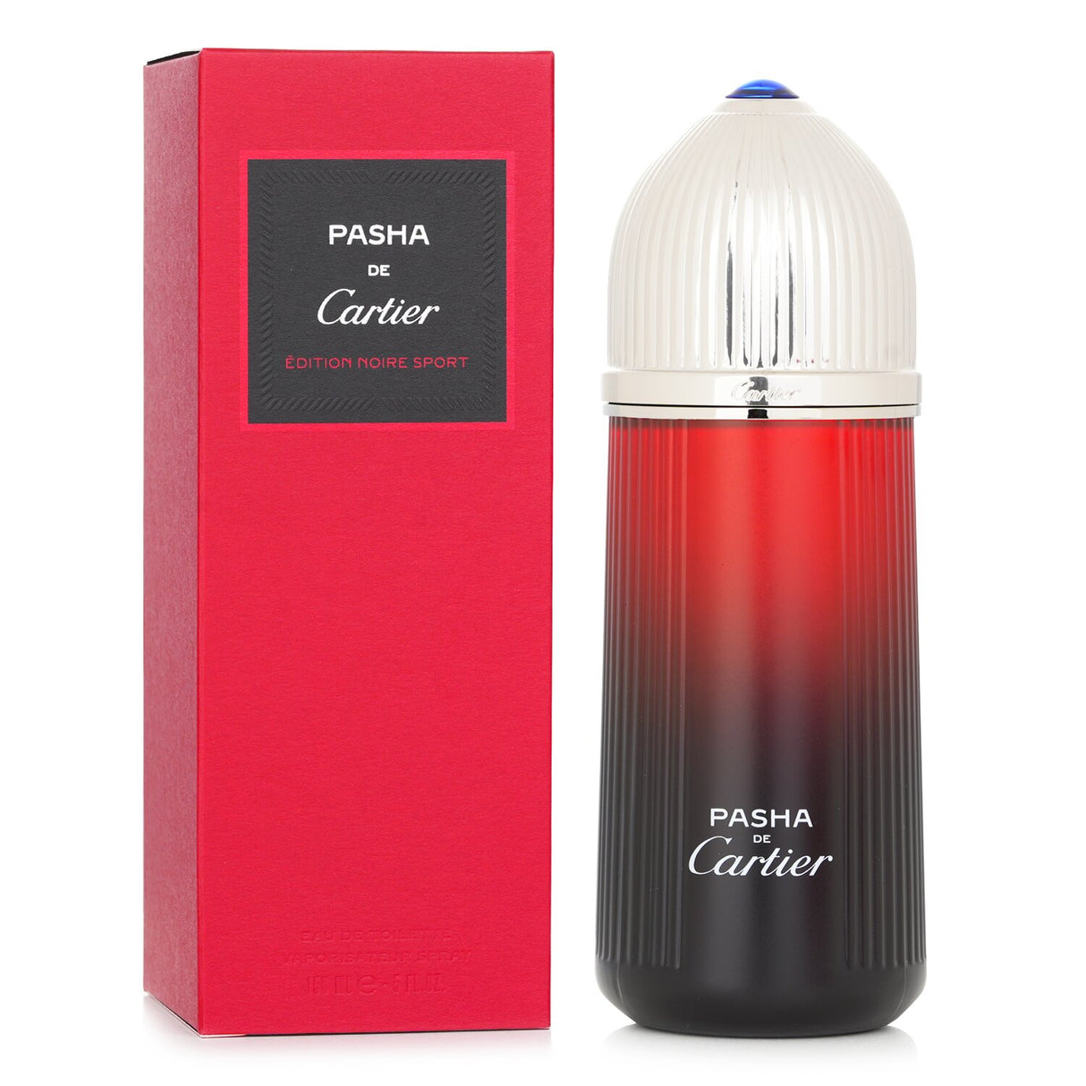 Cartier Pasha De Edition Noire Sport Eau De Toilette Spray in a 150ml bottle, featuring vibrant citrus and woody notes.