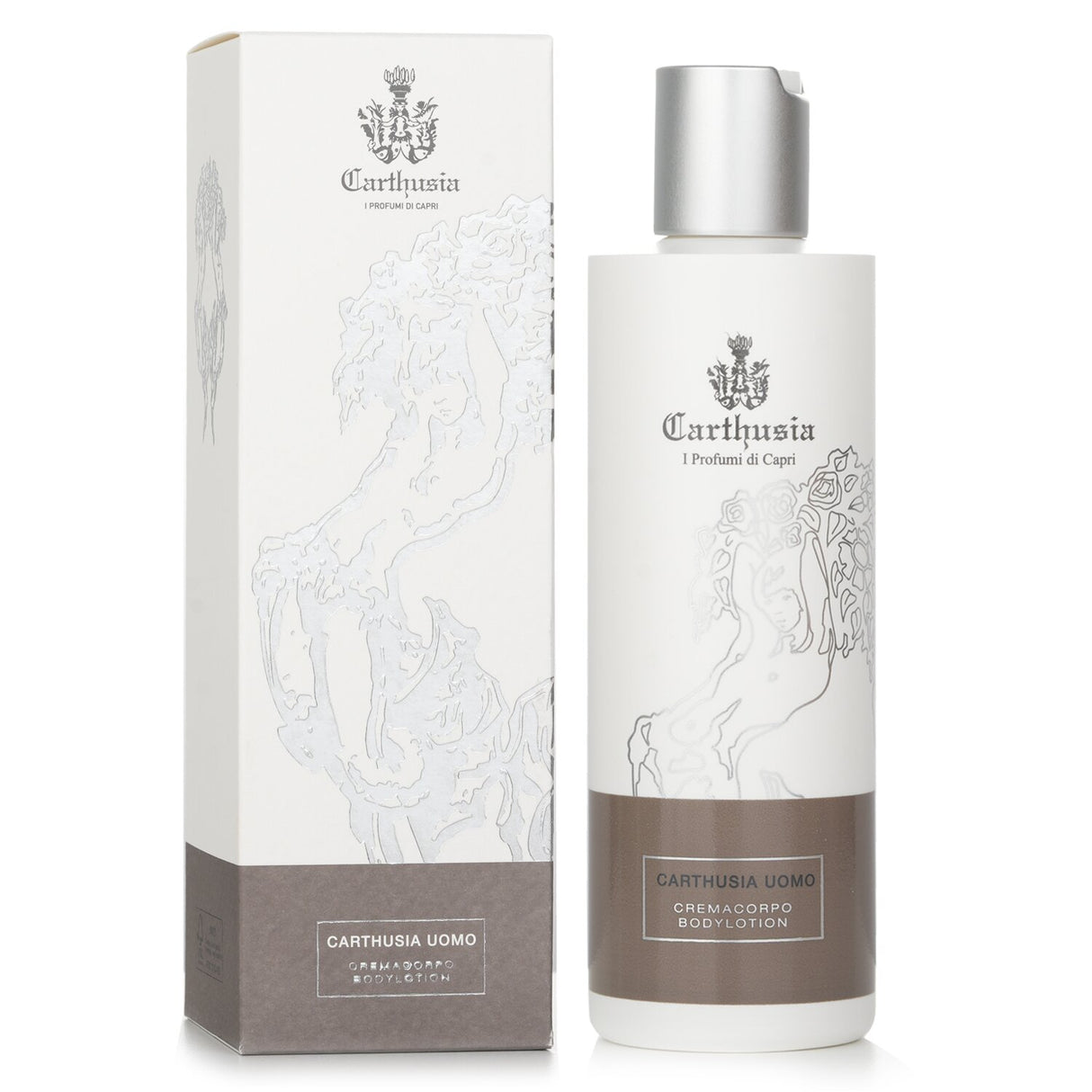 Carthusia Uomo Body Lotion 250ml for men, offers hydration with a smooth texture and a refined woody fragrance.