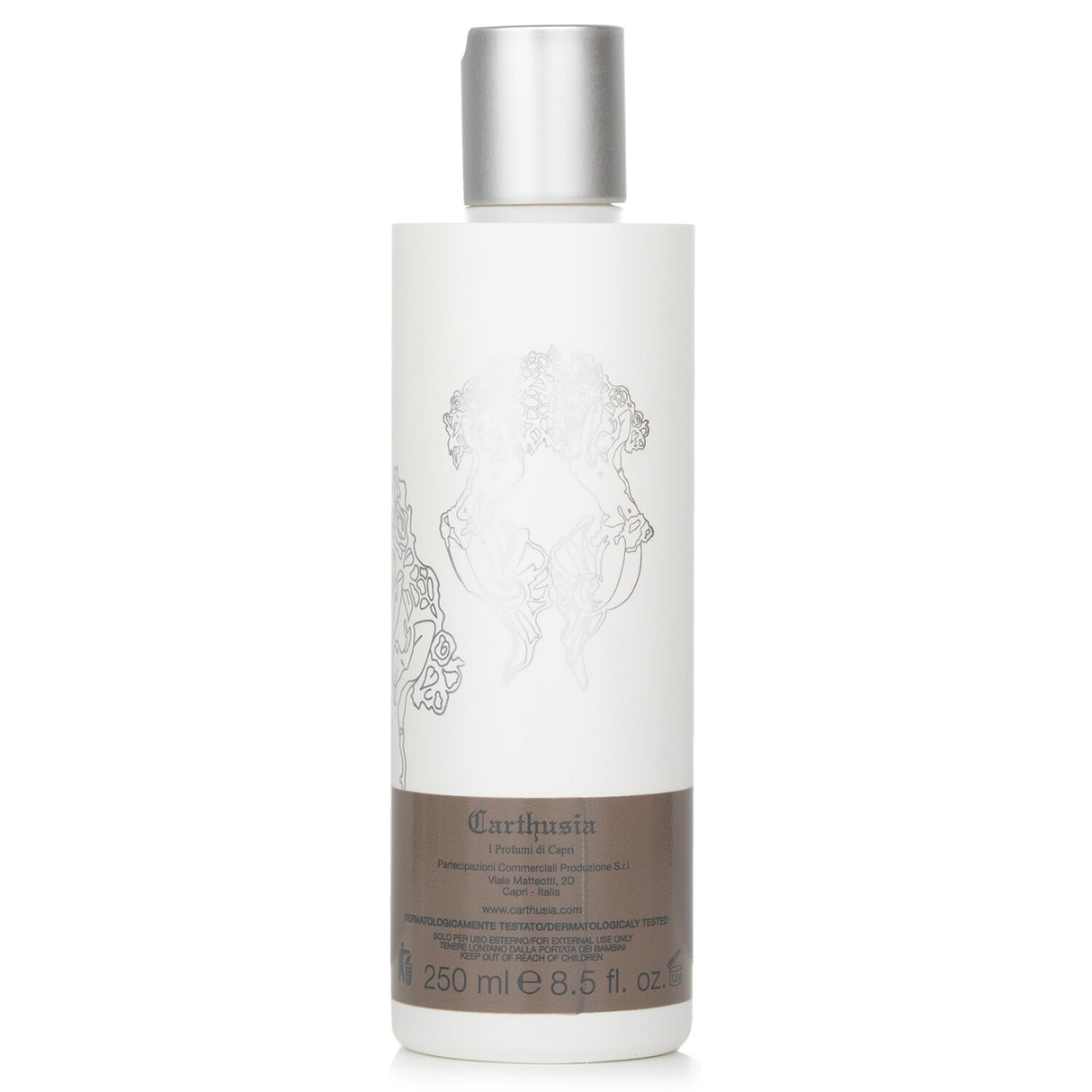 Luxury Carthusia Uomo Body Lotion in a 250ml bottle, designed for men, with hydrating, velvety texture and woody fragrance.