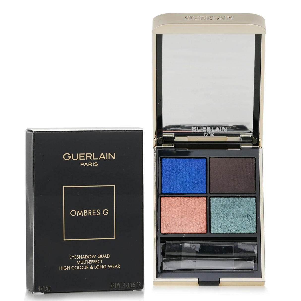 Guerlain Ombres G Eyeshadow Quad #360 Mystic Peacock features 4 intense shades with a creamy texture for versatile eye looks.