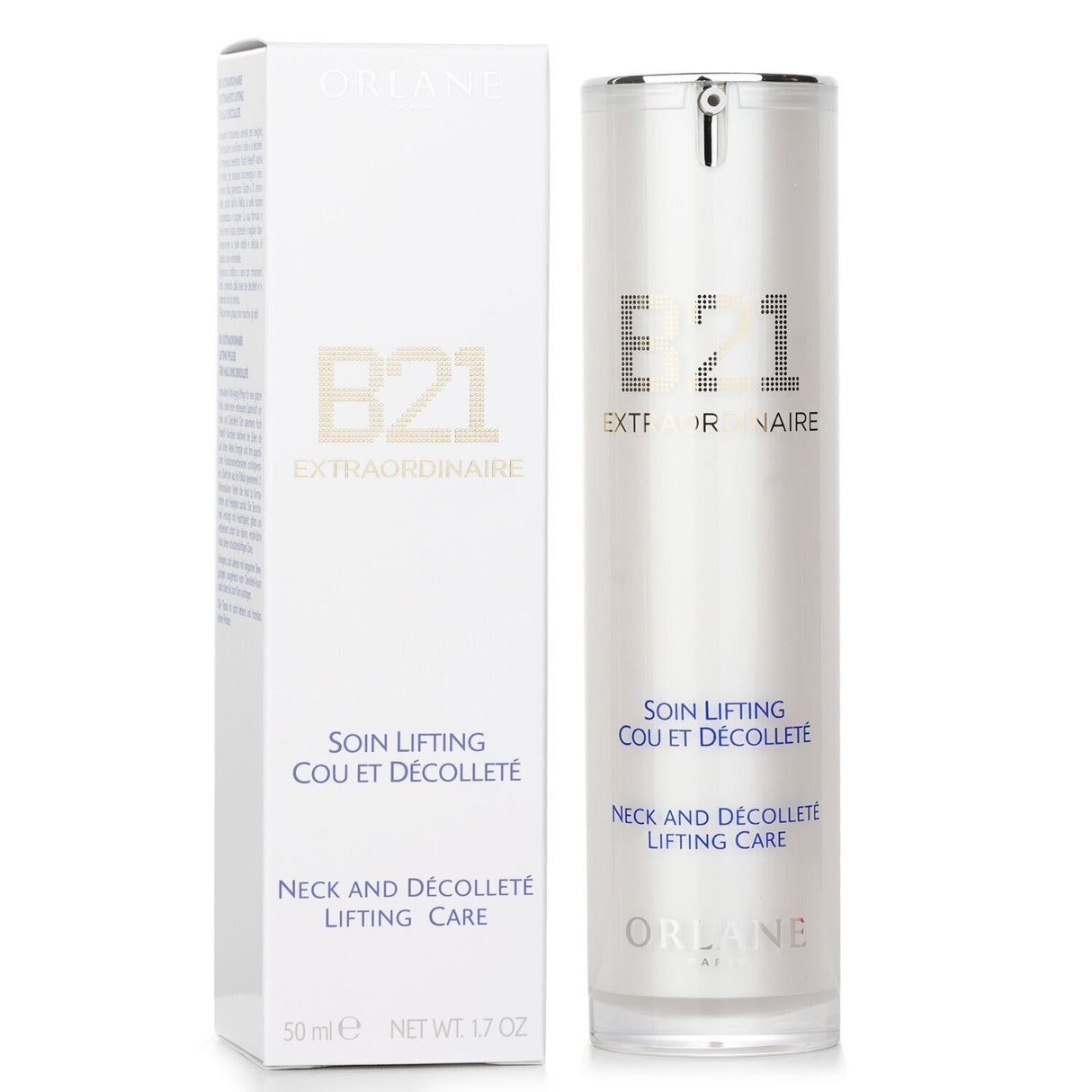 Anti-aging neck and décolleté cream with 21 amino acids for smoothing, firming, and hydration in a 50ml tube.