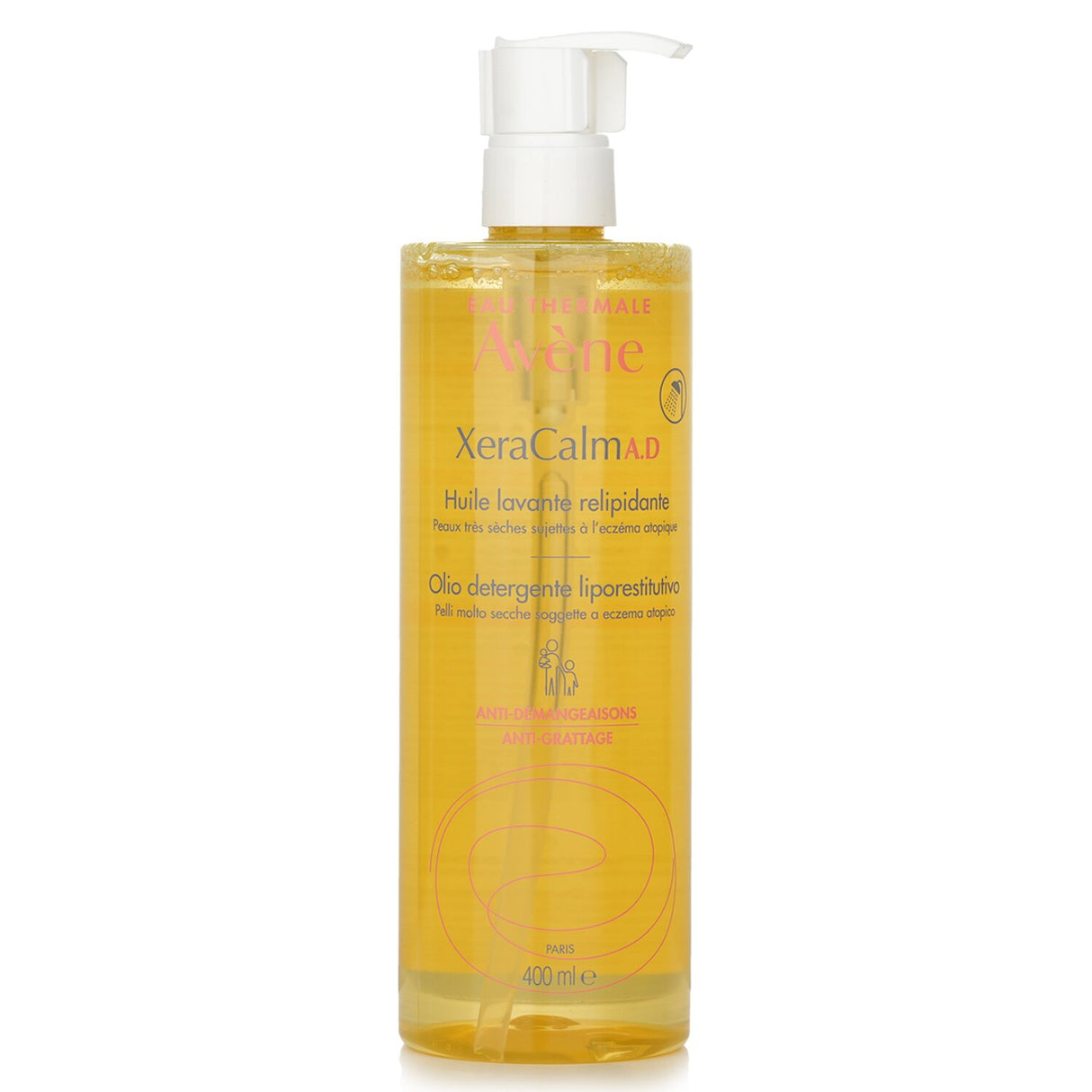 Avene XeraCalm A.D Cleansing Oil in 400ml, soothing, soap-free formula for sensitive skin, ideal for face and body care.