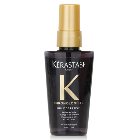 Luxurious Kerastase Chronologiste hair oil with Tea Rose, Light Woods, and Musk fragrance; nourishes and protects hair.