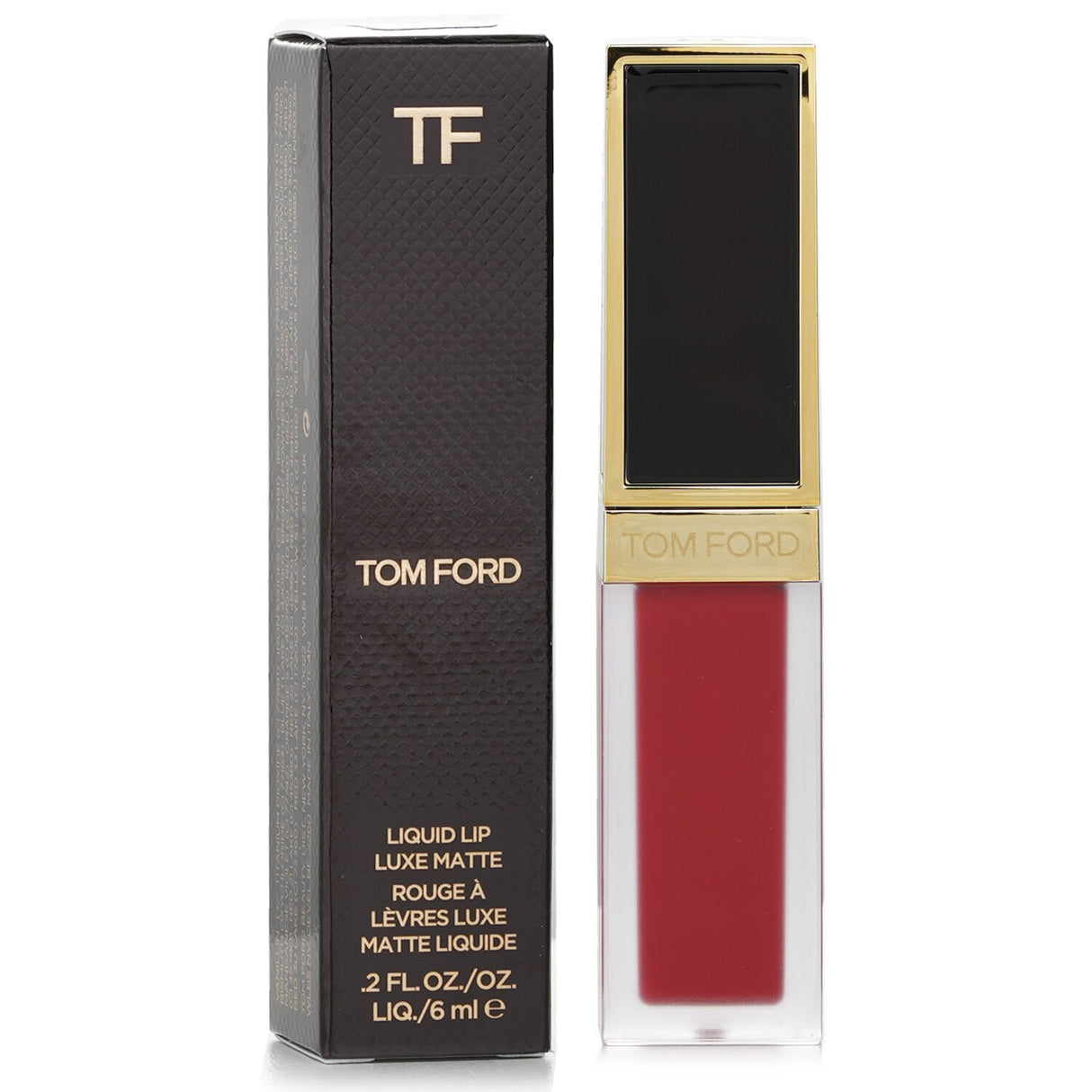 Tom Ford Liquid Lip Luxe Matte in #16 Scarlet Rouge, offering a vivid, transfer-resistant soft matte finish with nourishing black rose extract.