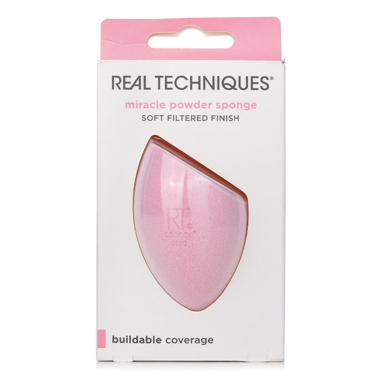 Real Techniques Miracle Powder Sponge designed for seamless blending and soft-focus finish, suitable for all skin types.