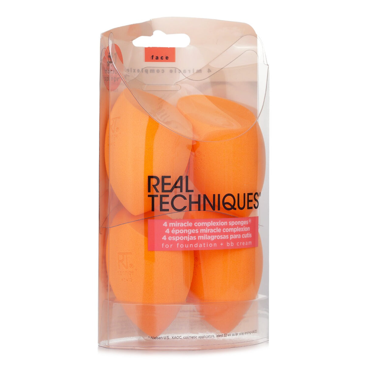 Set of 4 Real Techniques Miracle Complexion Sponges for seamless blending of liquid and cream makeup, achieving a flawless, dewy finish.