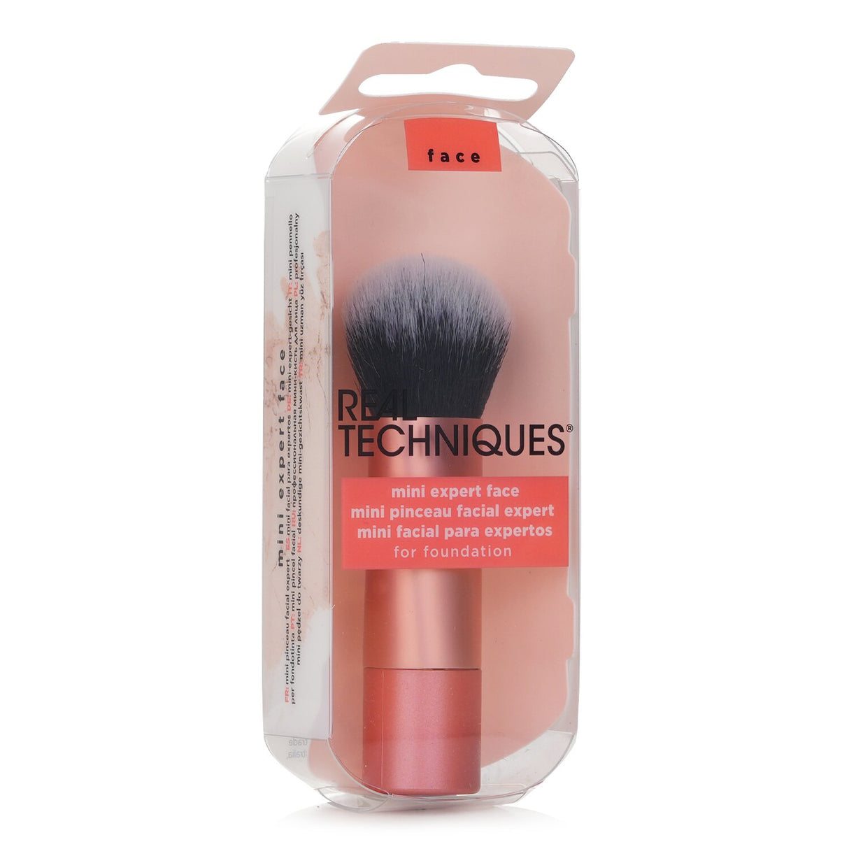 Real Techniques Mini Expert Face Brush features ultra-plush bristles for seamless foundation application, perfect for travel.