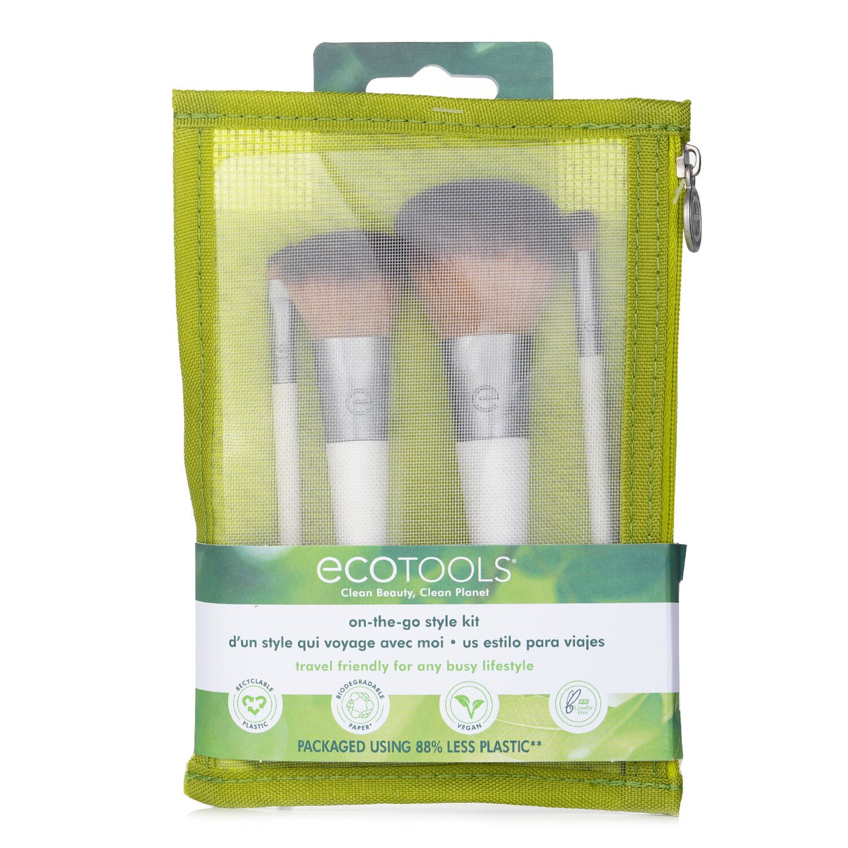 EcoTools On-The-Go Style Brush Kit featuring eco-friendly brushes for flawless makeup application, perfect for travel.