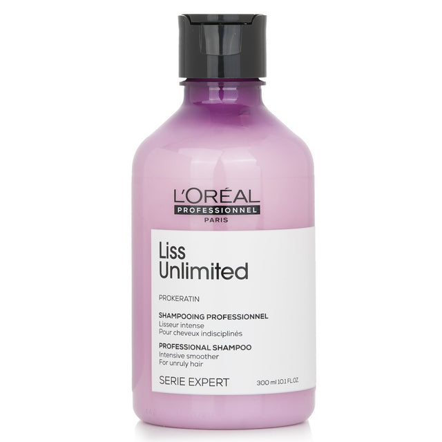 L'Oreal Professionnel Liss Unlimited Shampoo in 300ml, perfect for taming frizz and adding shine to unruly hair.