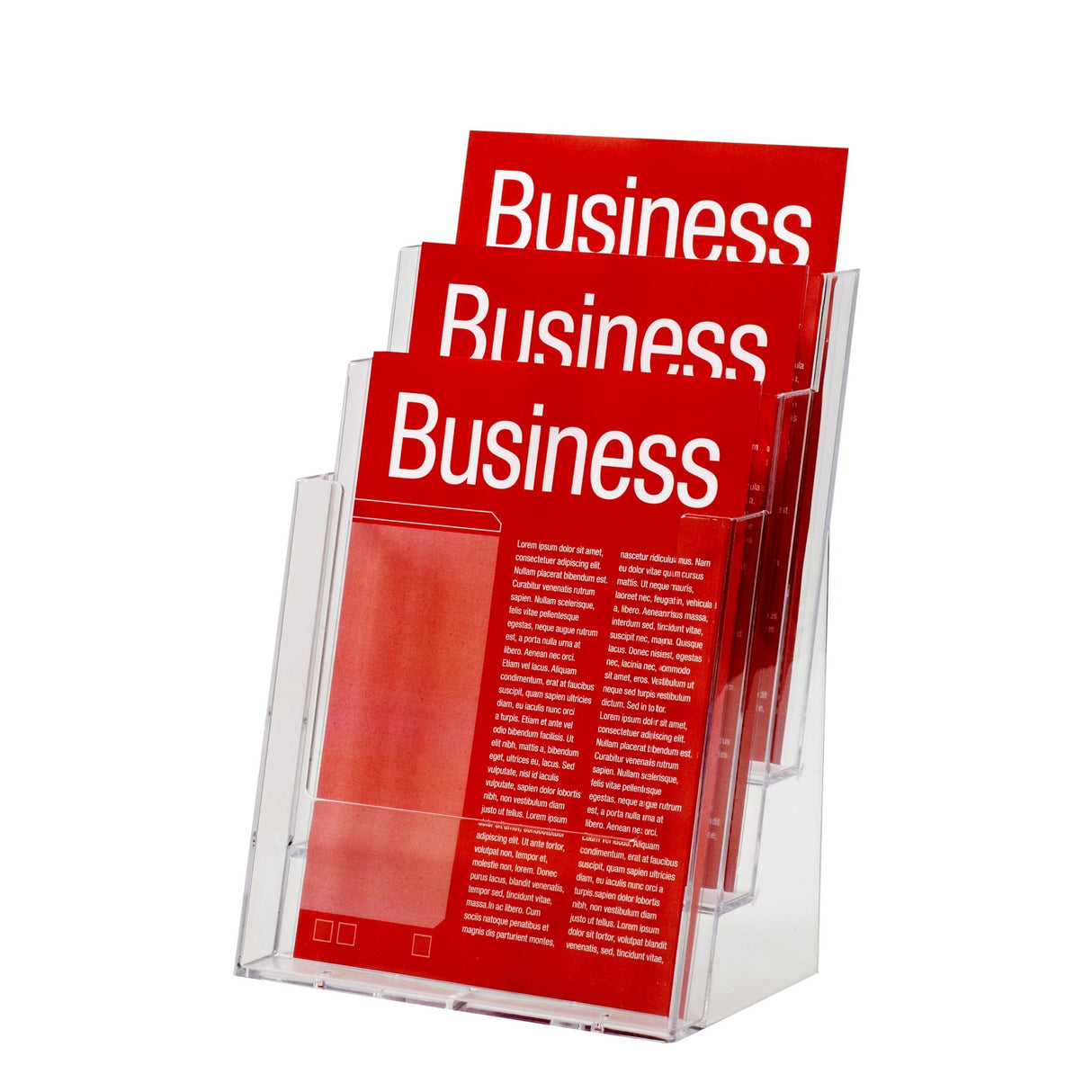 Esselte Brochure Holder A4 with three tiers, perfect for displaying marketing materials in offices and retail spaces.