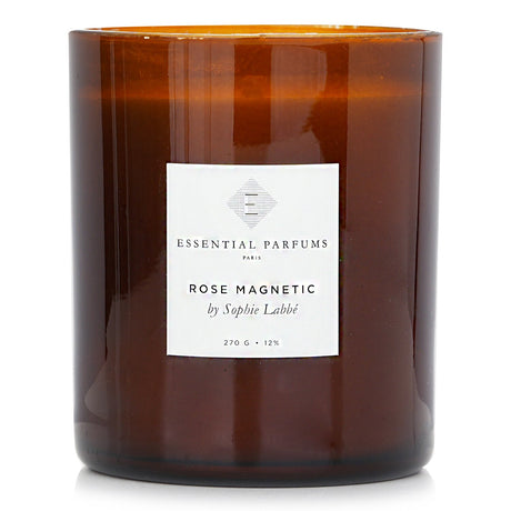 Essential Parfums Rose Magnetic candle by Sophie Labbe with rose fragrance, 90-hour burn time, eco-friendly, and elegant design.