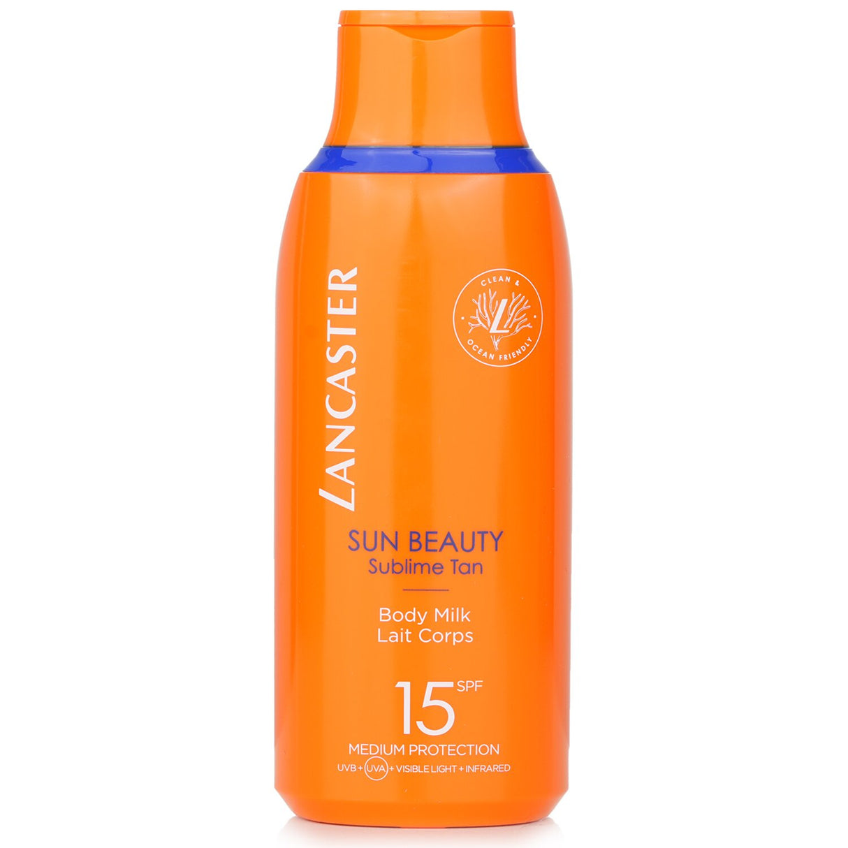 Lancaster Sun Beauty Body Milk SPF15 in a 175ml bottle, featuring a lightweight, ocean-friendly formula for sun protection.