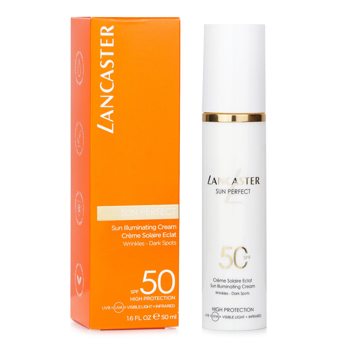 Lancaster Sun Perfect Illuminating Cream SPF50 in a sleek 50ml tube, offering luxurious sun protection and hydration for radiant skin.