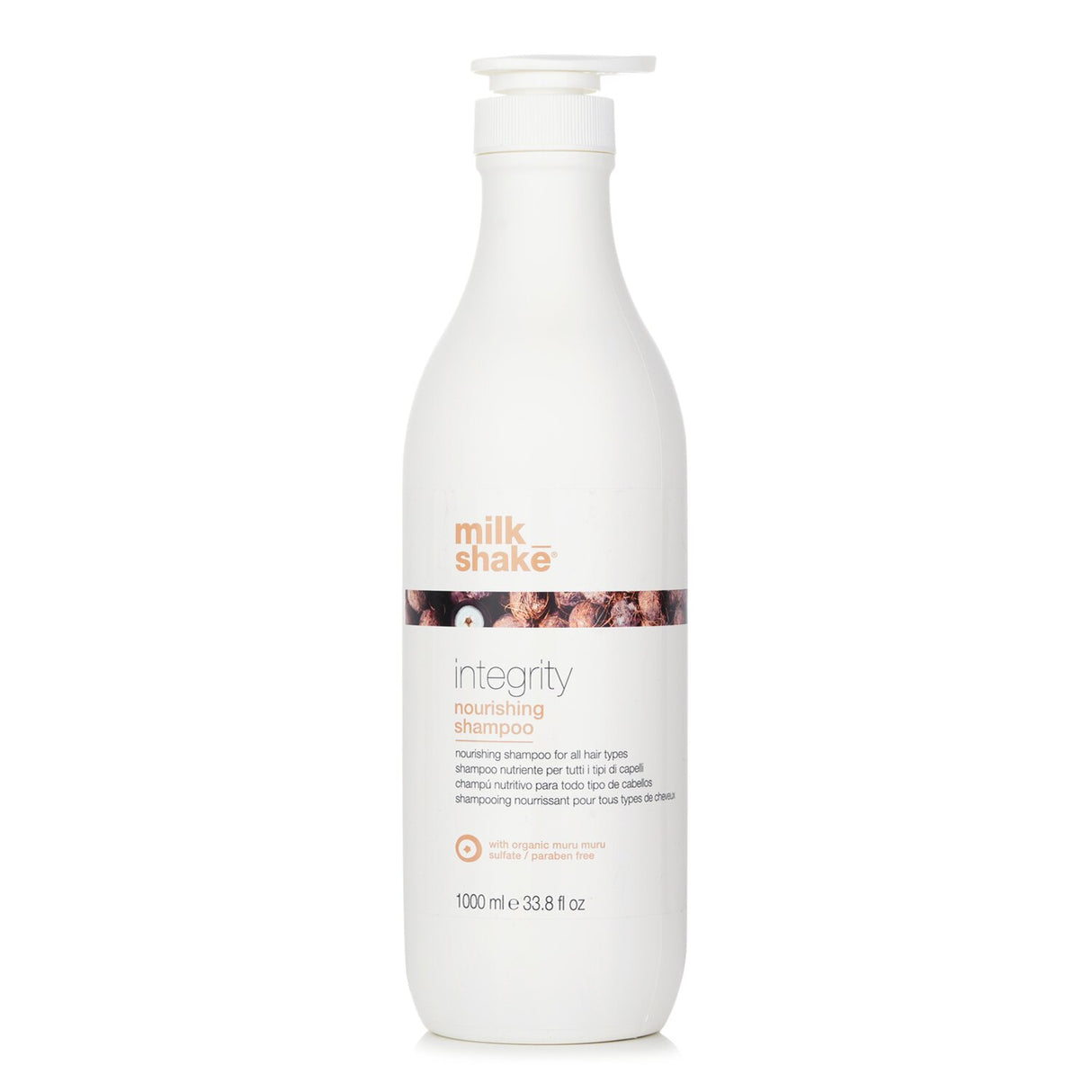 Milk_shake Integrity Nourishing Shampoo 1000ml, sulfate-free formula with muru muru butter for hydrated, frizz-free hair.