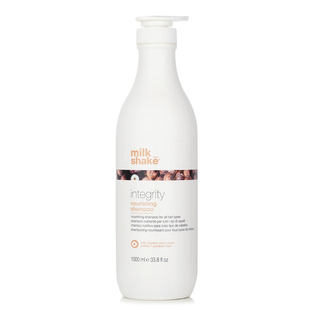 Milk_shake Integrity Nourishing Shampoo 1000ml, sulfate-free formula with muru muru butter for hydrated, frizz-free hair.