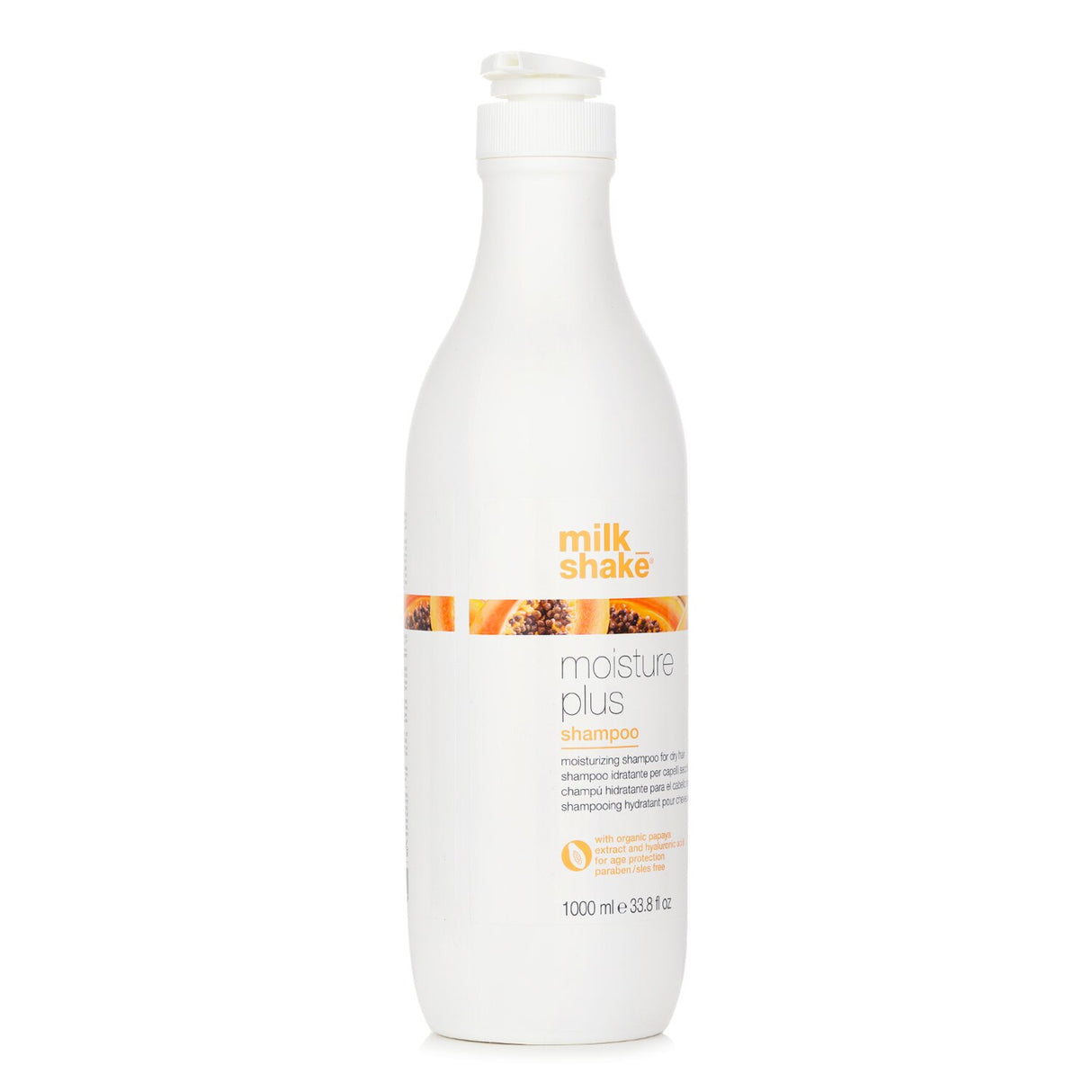 Milk_shake Moisture Plus Shampoo 1000ml, hydrates dry hair with papaya extract, proteins, and anti-aging formula for softness and shine.