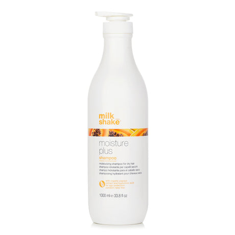 Milk_shake Moisture Plus Shampoo 1000ml with papaya extract, hyaluronic acid, and proteins for hydrated, shiny hair.