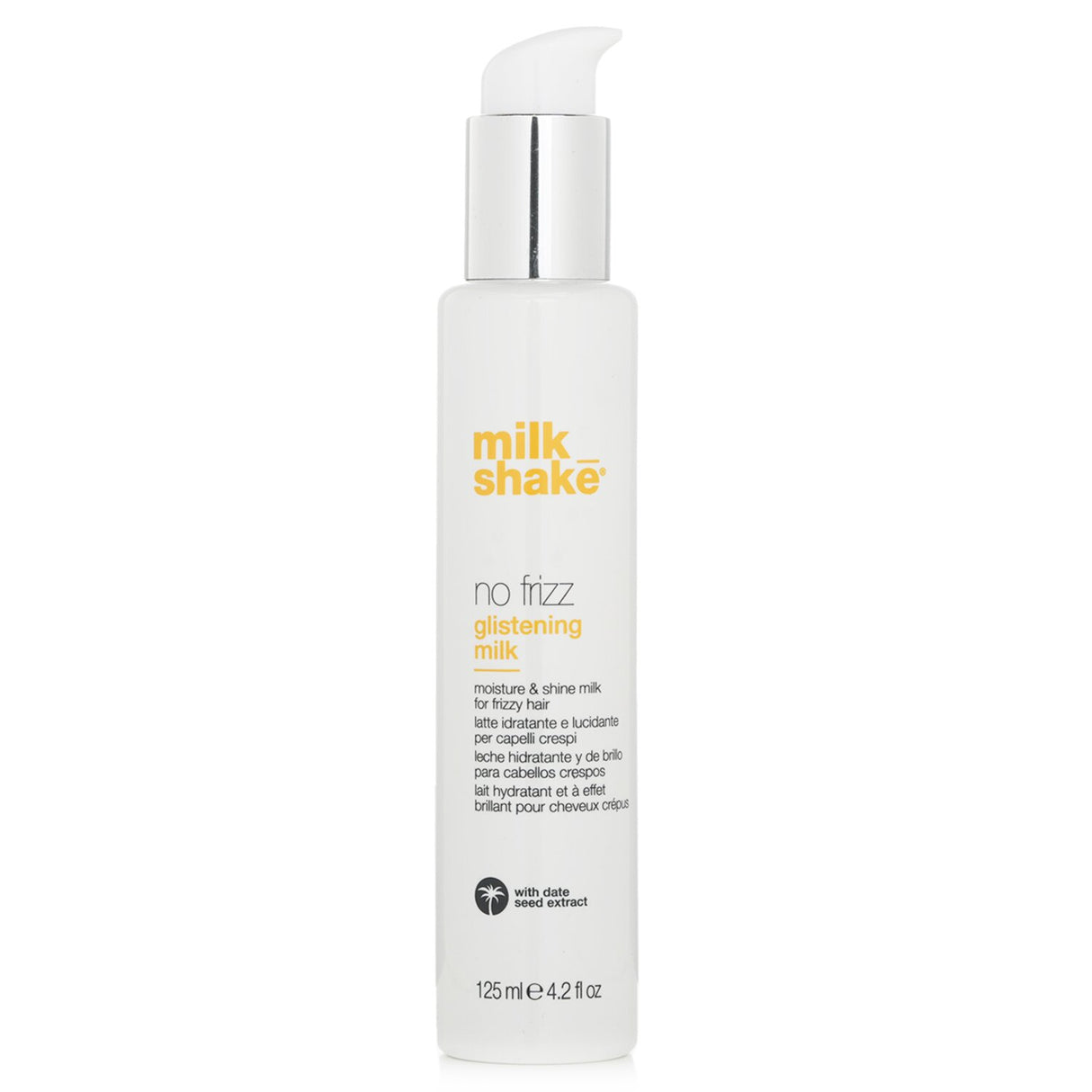 Moisturizing glistening milk for frizzy hair, enriched with date seed and abyssinian oils for softness and humidity protection.