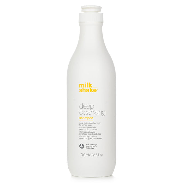 Milk_shake Deep Cleansing Shampoo in a 1000ml bottle, enriched with fruit, honey, and milk proteins for ultimate hair cleansing.