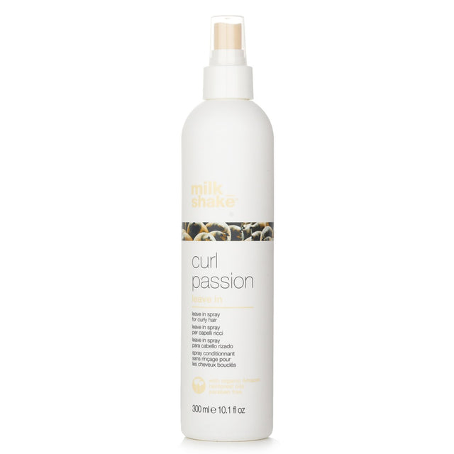 Leave-in conditioner spray for curly hair, enhancing bounce and softness with organic oils, proteins, and fruit extracts.