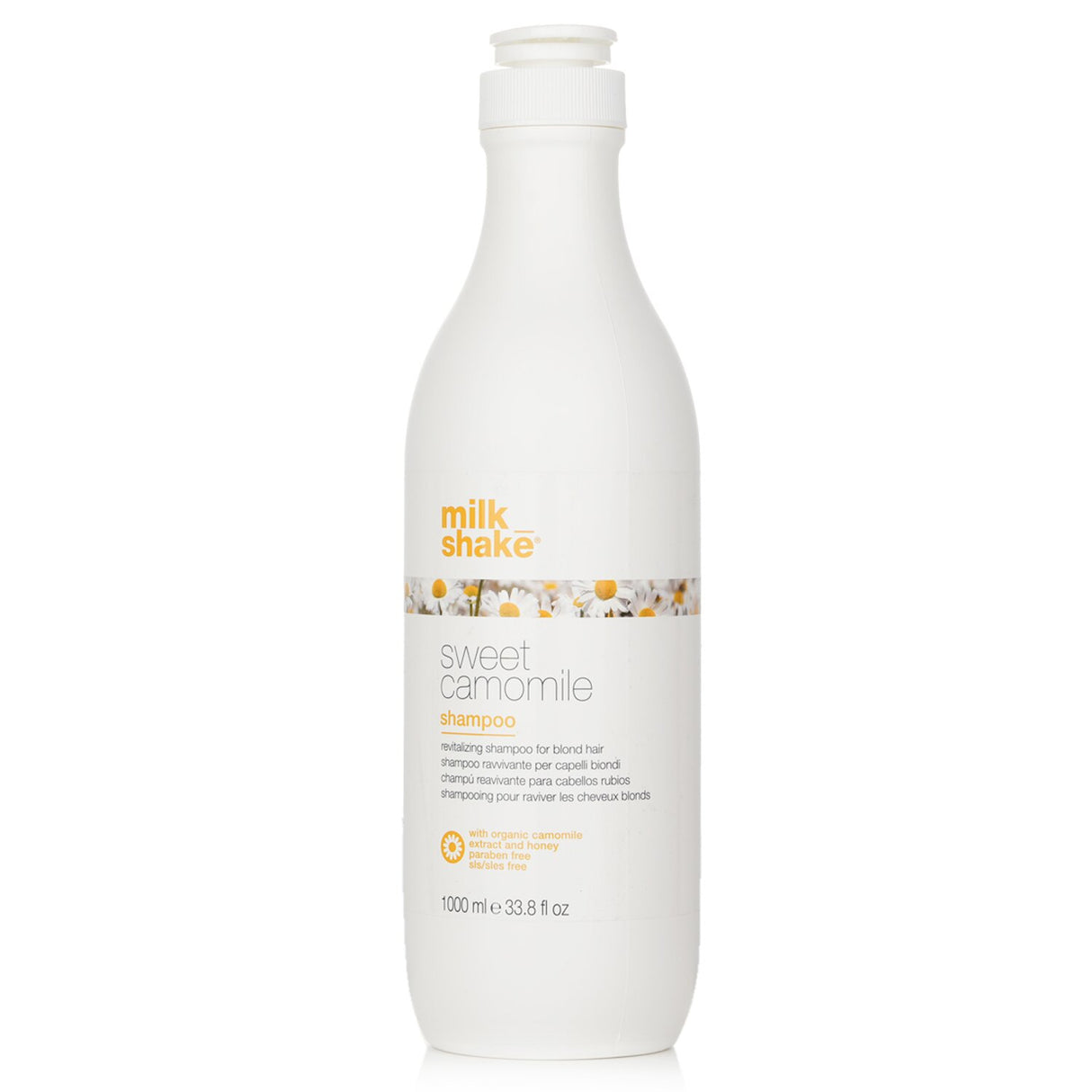 Gentle, revitalizing Sweet Camomile Shampoo for blonde hair, enriched with camomile, honey, and fruit extracts for softness and shine.