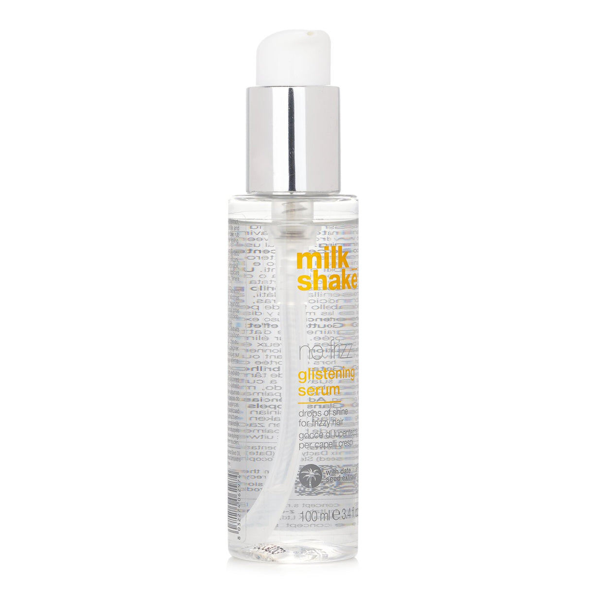 Milk_shake No Frizz Glistening Serum, 100ml bottle, helps eliminate frizz and adds shine for smooth, manageable hair.