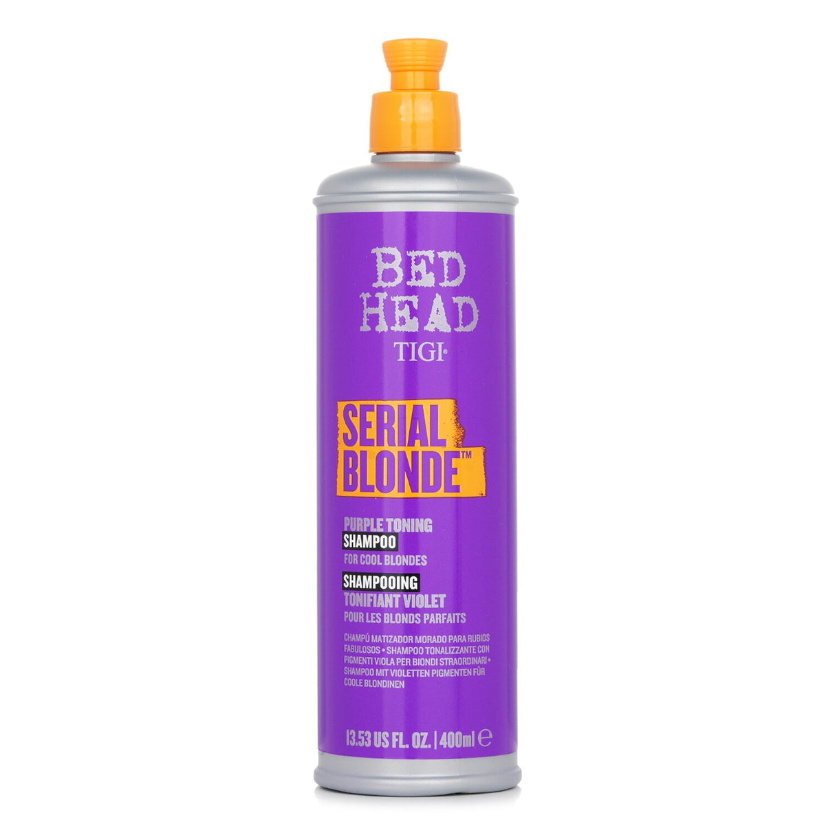 Tigi Bed Head Serial Blonde Purple Toning Shampoo in 400ml, enhancing cool blonde shades while neutralizing brassiness.