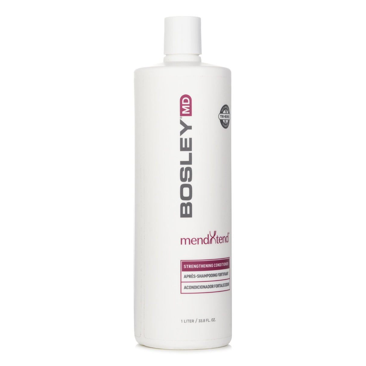 Bottle of Bosley MendXtend Strengthening Conditioner, 1000ml, designed to revitalize and fortify aging hair with moisturizing ingredients.