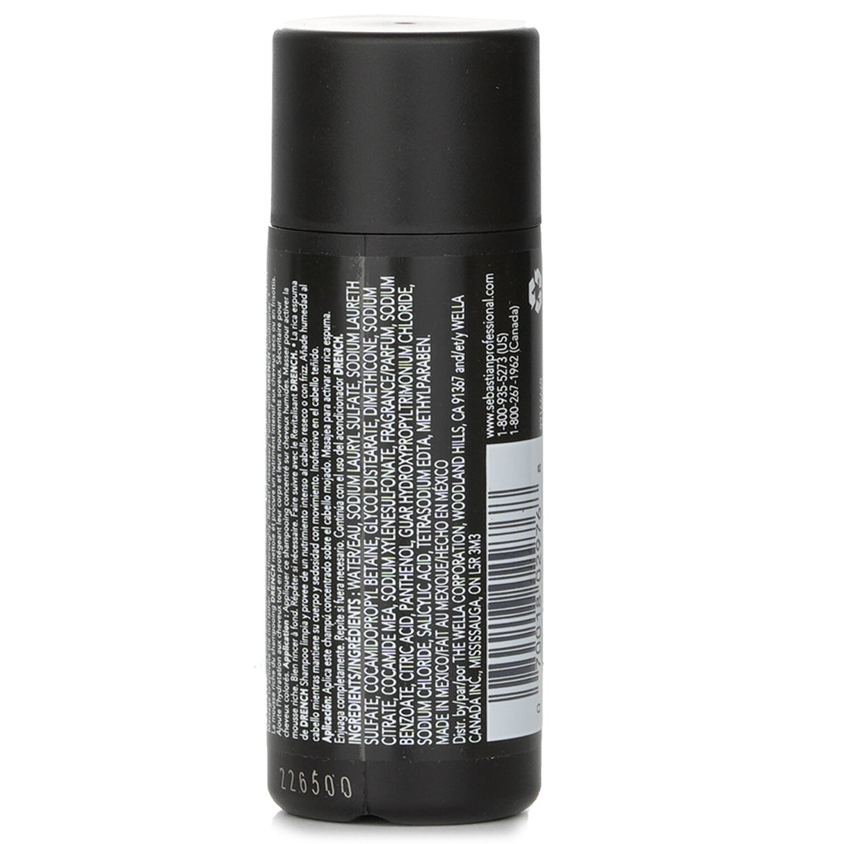 Travel-sized Sebastian Drench Shampoo for dry, frizzy hair, providing moisture and smoothness while preserving color.