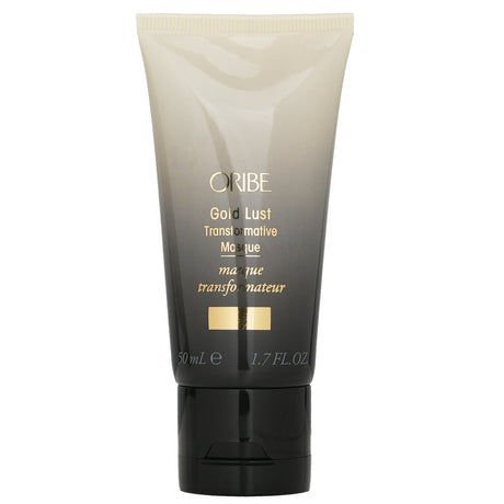 Travel-sized Oribe Gold Lust Transformative Masque infuses hair with bio-restorative ingredients for soft, vibrant locks.