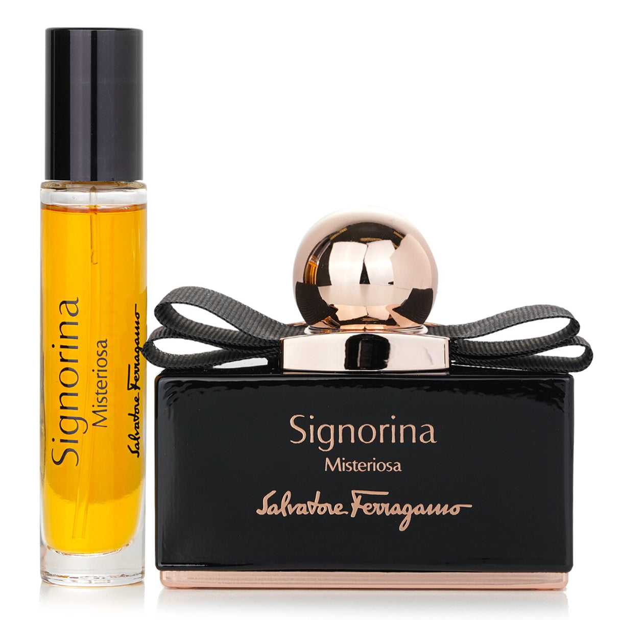 Salvatore Ferragamo Signorina Misteriosa Coffret with 50ml and 10ml Eau De Parfum, featuring notes of black currant and tuberose.