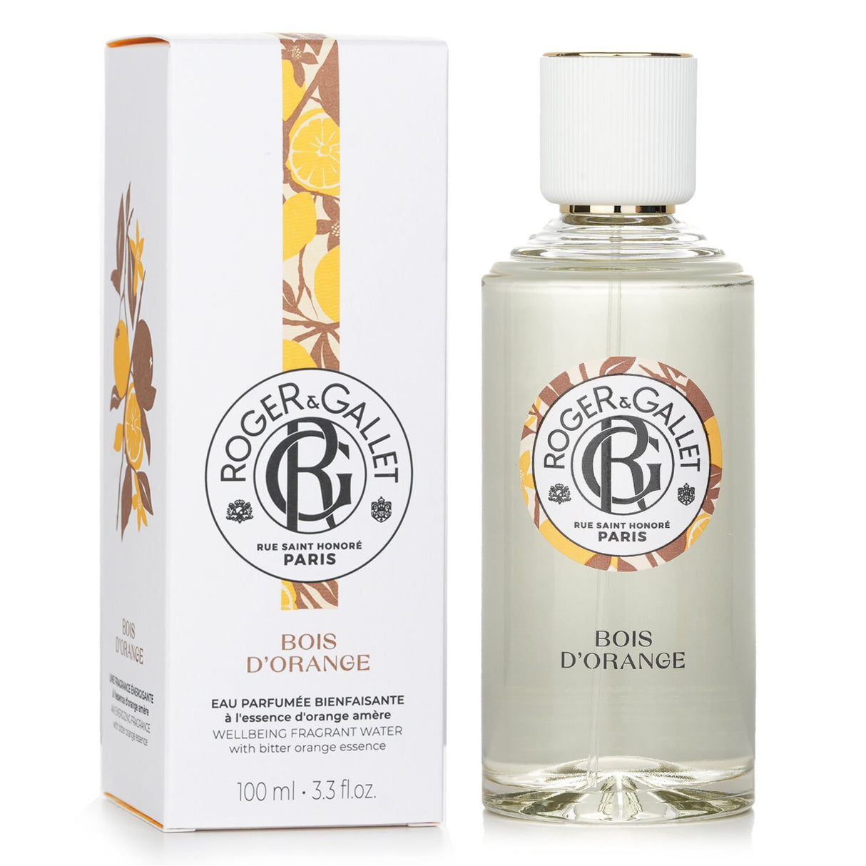 Roger & Gallet Bois D'Orange Fragrant Water in 100ml bottle, featuring uplifting citrus and floral aromas for well-being.