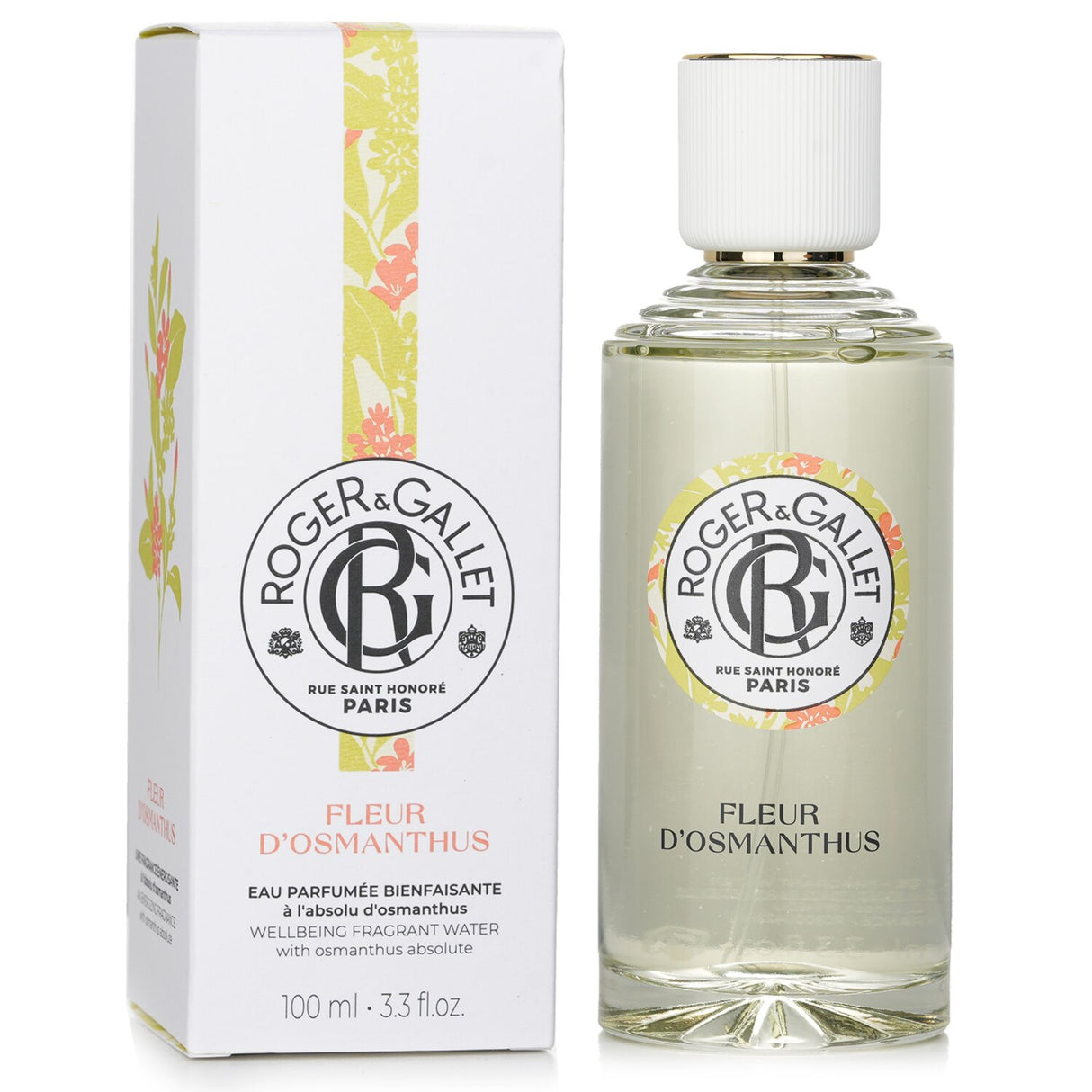 Fragrant water by Roger & Gallet with osmanthus floral notes in a 100ml bottle, promoting well-being and freshness.