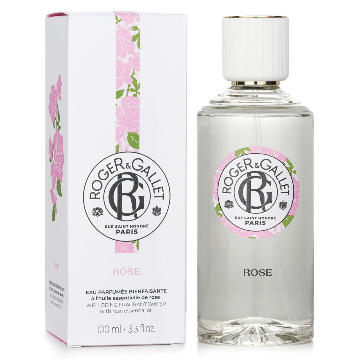 Roger & Gallet Rose Wellbeing Fragrant Water 100ml, a soothing floral scent that uplifts mood and enhances self-care routines.