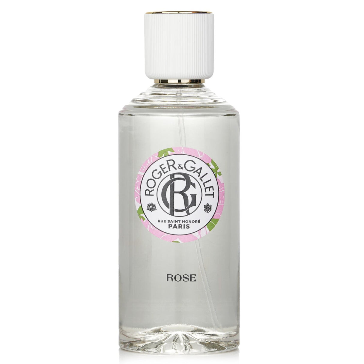 Elegant bottle of Roger & Gallet Rose Wellbeing Fragrant Water, infused with pure rose petals for mood elevation and skincare.