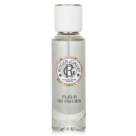 A 30ml bottle of Roger & Gallet Fleur De Figuier fragrant water with a refreshing fig scent, promoting wellbeing and mood enhancement.